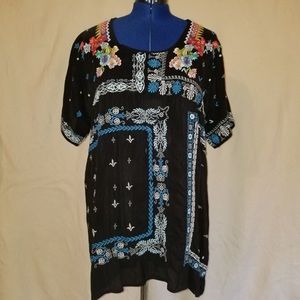 Johnny Was Black Embroidered Floral Aztec Tunic